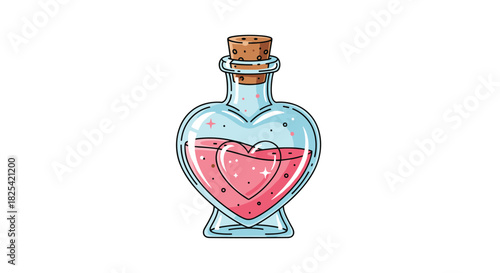 A magical potion in a heart-shaped glass bottle with a cork stopper containing a pink liquid.