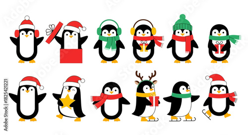 Cute vector cartoon penguins celebrating the festive winter holidays, adorned with Christmas hats, scarves, and seasonal accessories, perfect for cheerful designs