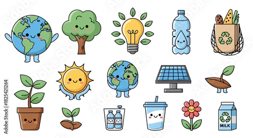 Cute Eco-Friendly Icons Earth, Plants, Sun, Solar Panel, and More for Sustainable Living