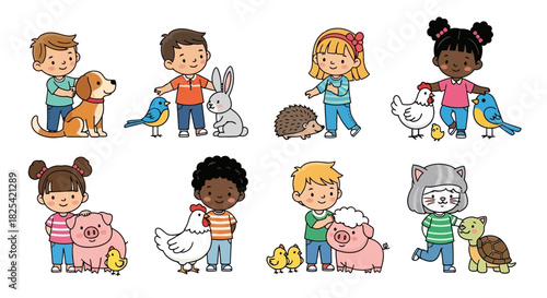 A charming collection of diverse cartoon children and their adorable animal friends, including various pets and farm animals