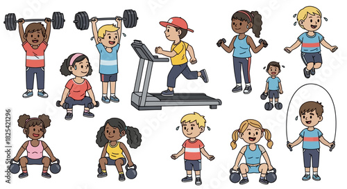 A vibrant and diverse collection of cartoon children engaged in various fitness activities, promoting a healthy and active lifestyle