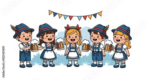 Happy cartoon children in traditional Bavarian costumes celebrating a German folk festival together with beer mugs