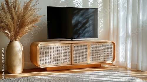 Sunlit living room with flat screen tv on rounded wooden rattan console, large vase of pampas grass, sheer curtains, soft rug and warm calm atmosphere