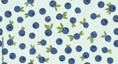 A cheerful pattern of scattered blueberries with small green leaves on a light blue background.