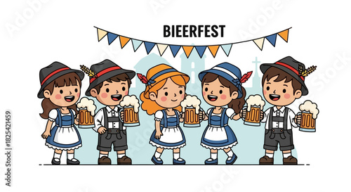 Cartoon Oktoberfest Celebration with Beer Steins and Festive Bunting
