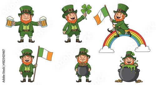 Set of six cheerful cartoon leprechauns celebrating St
