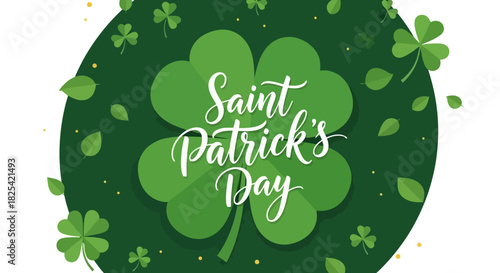 A vibrant St. Patrick's Day greeting card featuring a large lucky four-leaf clover on a green background with shamrocks and sparkles