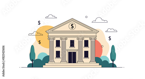 A classic bank building with pillars and dollar signs representing financial services.