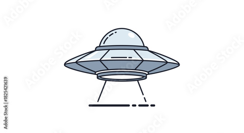A classic flying saucer UFO hovers above the ground with its lights shining down.
