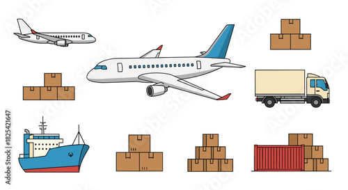 Global transportation and logistics of goods including airplanes ships and trucks.