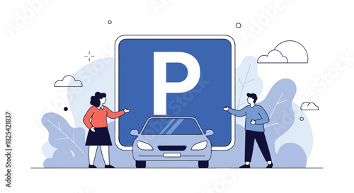 Two people standing next to a car in a parking lot with a blue parking sign.