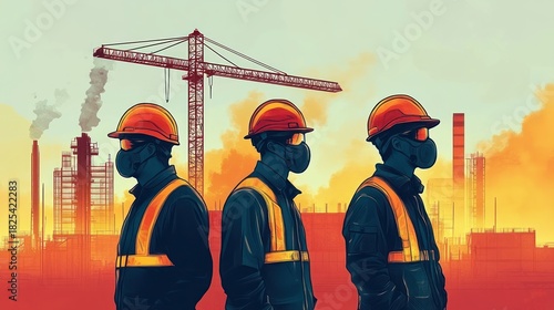 Three industrial workers in hard hats and safety vests wearing gas masks stand before cranes, smokestacks and a smoky orange industrial skyline, conveying vigilance and resilience