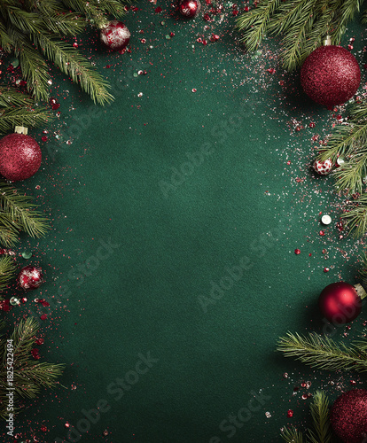 Christmas background with green felt texture, red baubles and fir branches frame for holiday greeting or invitation