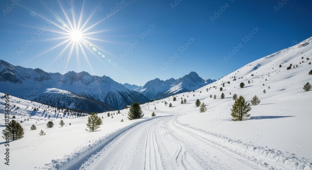 Obraz premium Bright sunny day over a snowcovered mountain landscape with a winding track leading through the white terrain and scattered evergreen trees under a clear blue sky