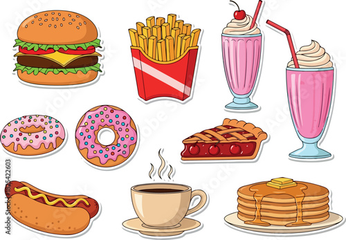 Collection of Colorful Cartoon Fast Food Items and Desserts