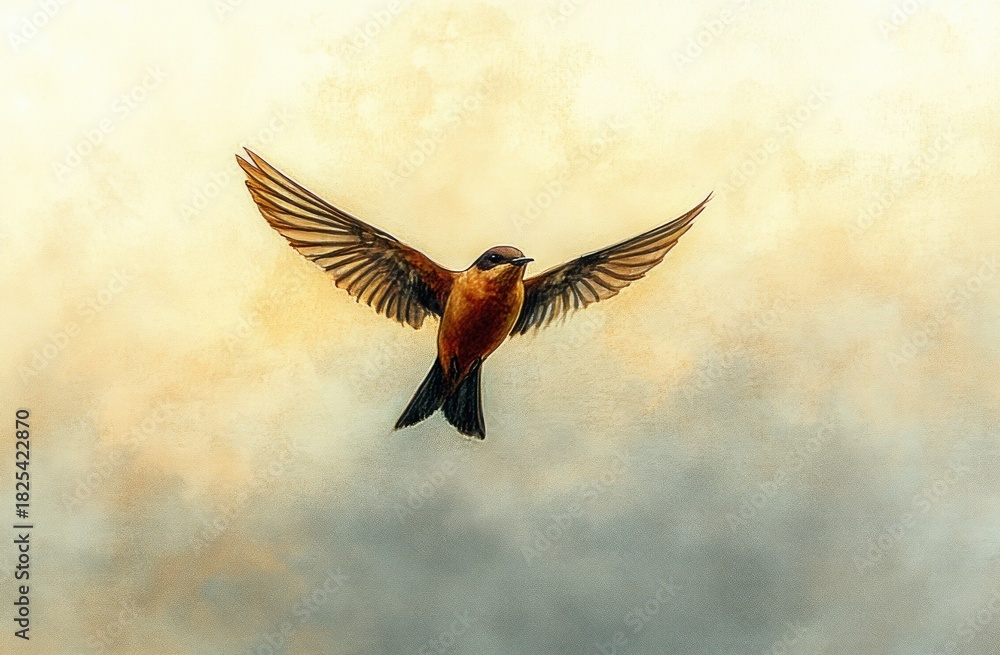 Fototapeta premium Small brown bird with outstretched wings hovering midflight against a soft warm pastel sky, serene and graceful sense of freedom