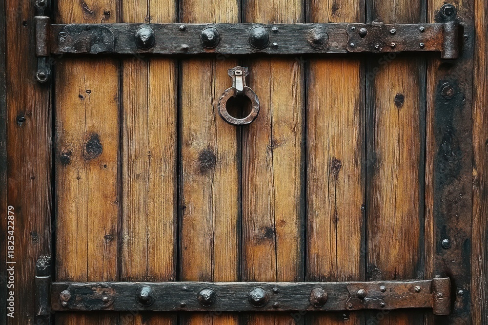 Fototapeta premium rustic wooden door with metal straps, rivets and circular iron knocker on weathered vertical planks evoking history, sturdy construction and timeless charm