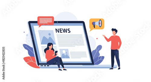 Digital news platform for global audience reading articles on a laptop.