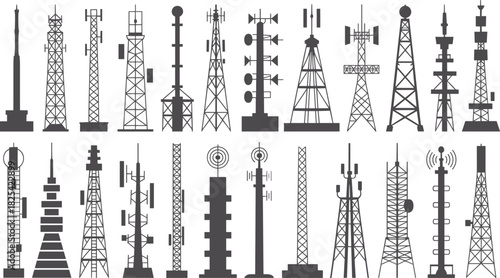 Communication tower silhouette set, antenna structures, broadcast, cellular, wireless signal vector for telecom design, infrastructure illustration, engineering, network coverage