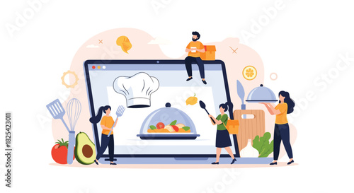 People are interacting with a digital interface showcasing delicious food preparations and ingredients.