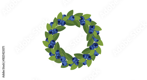 A fresh wreath of ripe blueberries and green leaves arranged in a circular pattern.