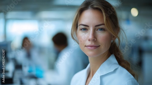 woman scientist in white lab coat standing in bright modern laboratory with colleagues working in background, confident and focused expression