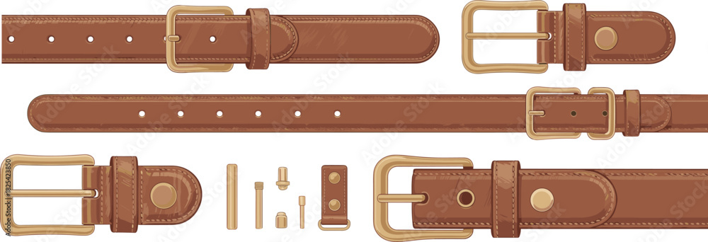 Naklejka premium Leather belt parts illustration, gold buckle, brown strap, stitching detail, hardware components, fashion accessory vector for design, manufacturing, apparel