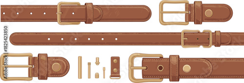 Leather belt parts illustration, gold buckle, brown strap, stitching detail, hardware components, fashion accessory vector for design, manufacturing, apparel