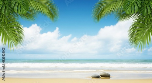 Two rocks on a sandy beach with palm trees in the background.