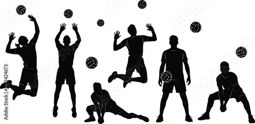 PDynamic volleyball player silhouette collection showing athletic actions, jumping, serving, spiking, receiving, and ball control in detailed vector illustration for sports, competition, 