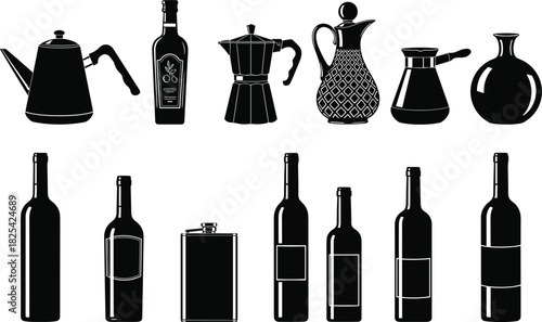 Elegant collection of beverage containers and kitchenware silhouette vector icons featuring bottles, flasks, coffee pots, decanters, and drinkware for culinary branding projects
