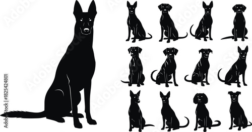 Big collection of black dog silhouettes sitting down, vector illustration set of various breeds isolated on white background, pet animal concept.