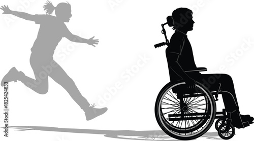 Black and grey silhouette vector contrasting a joyful, running woman with a man sitting passively in a high-tech motorized wheelchair, representing disability, freedom, and mobility.