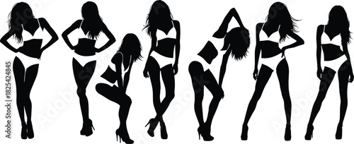 Elegant female fashion silhouette collection featuring dynamic bikini poses, stylish model outlines, modern vector artwork, high-contrast black design ideal for creative projects, 