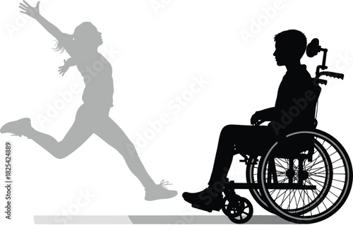 Black and grey silhouette vector comparing a freely running, joyful woman with a boy sitting passively in a high-tech motorized wheelchair, symbolizing limitations and movement.