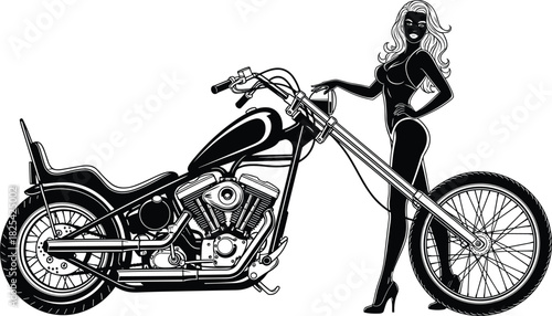 Black and white vector pin-up girl standing next to a vintage chopper motorcycle, showcasing a rockabilly and biker lifestyle illustration perfect for apparel, posters, and merchandise.Black