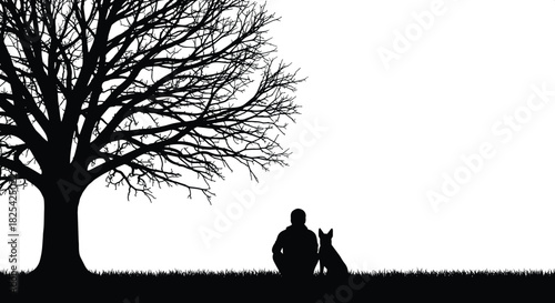 Black and white silhouette vector illustration of a man sitting with his dog under a large leafless tree, peaceful nature background scene.