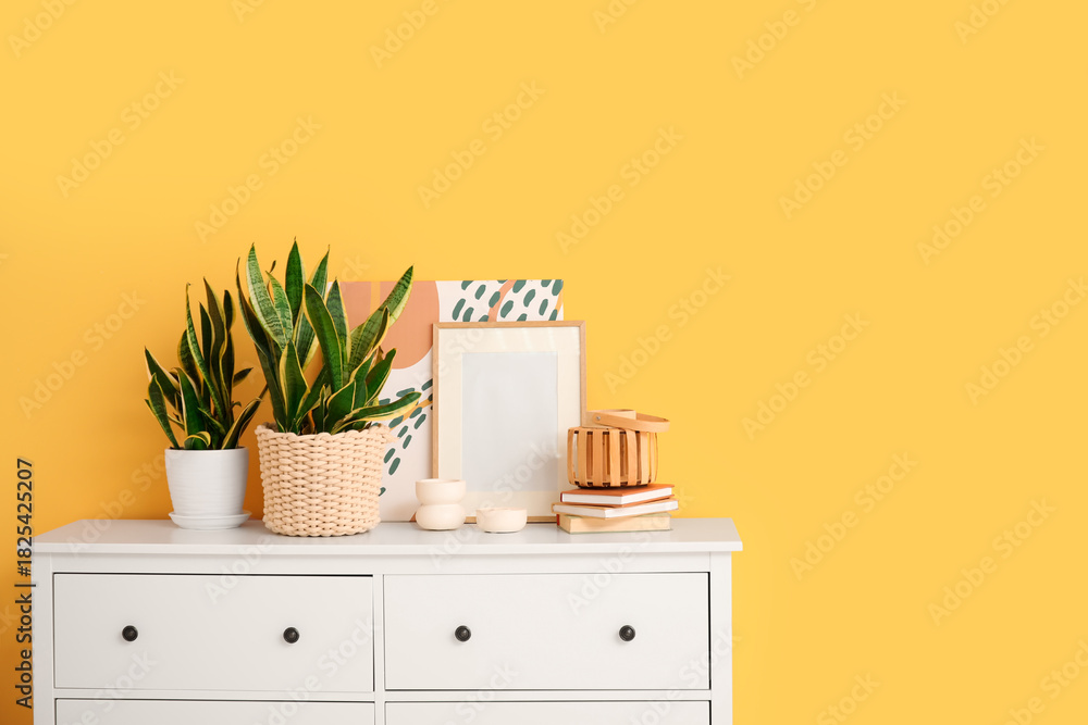 Fototapeta premium Chest of drawers with sansevieria plants, books and photo frame near yellow wall in room