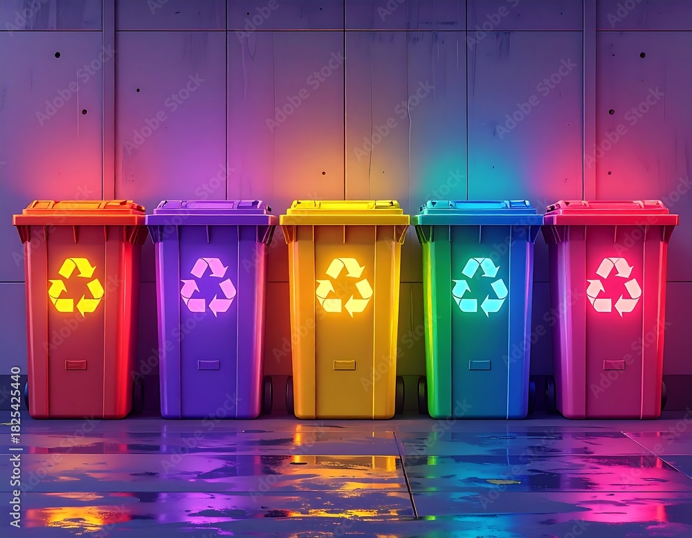Obraz premium Five colorful recycling bins against a concrete wall, lit with neon glow