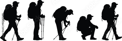 Black silhouette of hiker set, backpacker man walking with trekking poles, vector illustration isolated on white, outdoor adventure travel sport collection, camping
