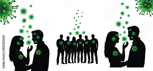 Black silhouette of people infected with virus, green bacteria spreading in crowd, vector illustration isolated on white, pandemic disease transmission concept, medical