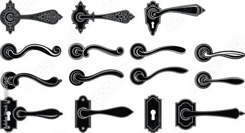 Elegant vintage and modern door handle silhouette collection, decorative black vector illustration of ornate lever handles, classic keyholes, antique hardware design elements, isolated set