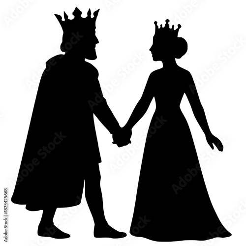 King and Queen holding hands, fantasy royal silhouette for storybook illustrations and designs