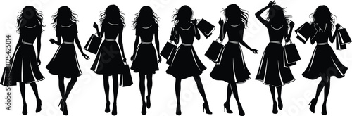 Black silhouette set of eight stylish women in dresses and high heels carrying shopping bags in various poses, representing retail, consumerism, fashion, and glamour on white.
