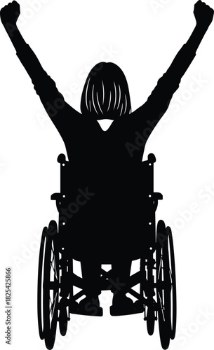 Black silhouette vector illustration of a disabled woman in a wheelchair raising arms in victory, isolated on white background for celebration concept