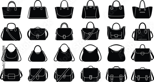 Elegant women’s handbag silhouette collection featuring diverse modern purse designs, fashion accessories, stylish bags for branding, minimalist vector art, commercial use