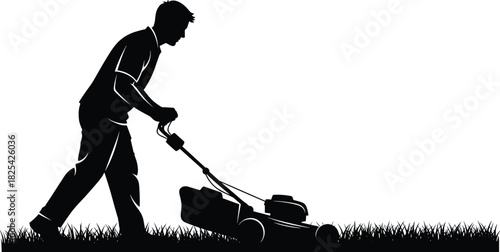 Black silhouette vector illustration of a man walking, pushing, and operating a gasoline lawn mower to cut and maintain green grass in a yard or park on white.
