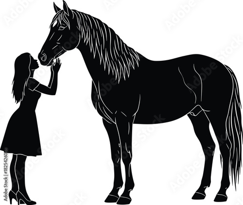 Black silhouette vector illustration of a young woman touching the face of a beautiful horse, isolated on white background for design