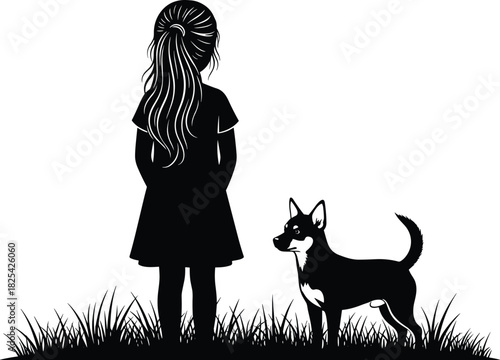 Black silhouette vector illustration of a young girl with long hair standing outdoors with her dog in the grass, representing childhood, companionship, and pet friendship on white.