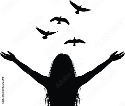 Black silhouette vector illustration of woman with outstretched arms and flying birds, representing freedom, hope, and peace, isolated on white background.